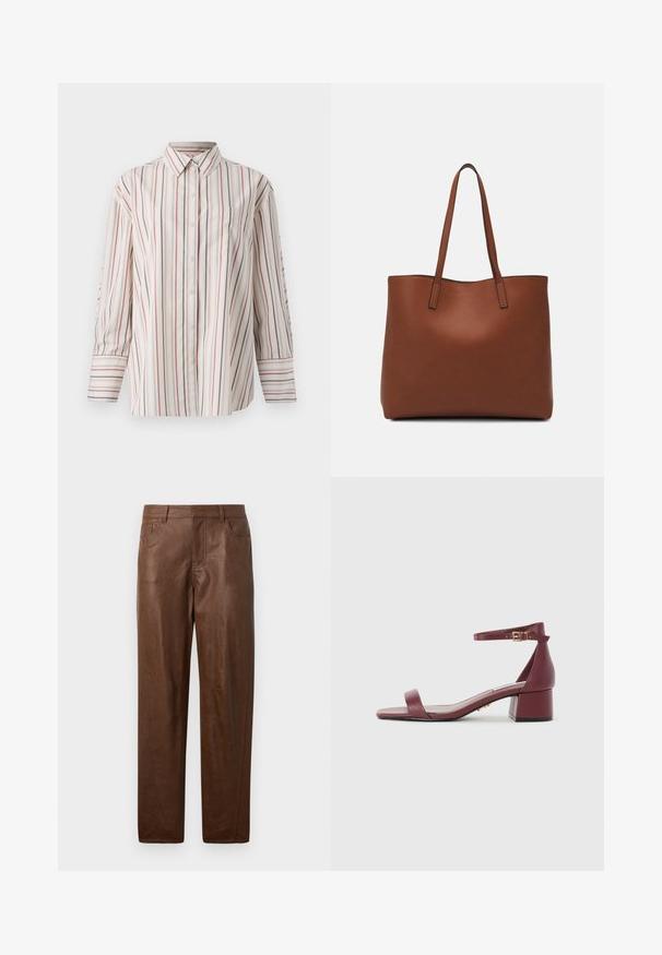 Kreemivärviline nööpidega särk, millel on vertikaalsed punased ja mereväesinised triibud. Omab rinna-taskut, standardset kraed ja pikki varrukaid mansettidega.; Pruun nahkpükste siledast kangast, sirge jala disainiga ja kahe küljetaskuga. Omab nähtavaid õmbluse detaile.; Burgundi nahkainel sandaal ruudukujulise varbaga, peene pahkluu rihmaga, kuldse riistvaraga ja paksu plokk-kanna. Sile tekstuur ja minimalistlik disain.; Pruun nahast tote-kott, millel on sile tekstuur, avatud ülaosa disain ja kaks õlarihma. Omab minimaalset õmblust ja nähtavat riistvara ei ole.