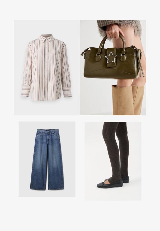 Kremines krāsas krekls ar vertikālām sarkanām un tumši zilām svītrām. Iekļauj krūšu kabatu, standarta apkakli un garas piedurknes ar aprocēm.; Platām kājām zila denima bikses ar izbalējušu apdari, ar pogu un rāvējslēdzēju, pieciem kabatām un jostu cilpām.; Melnas plakano formas kurpes ar mazu loku uz pirksta, apvienotas ar tumši brūnām ribotām zeķubiksēm. Kurpēm ir gluda tekstūra un zems profils.; Olive zaļš mākslīgās ādas rokassomu ar sudraba zvaigznes akcentu, divām rokturiem un rāvējslēdzēja aizdari. Strukturēta forma un teksturēta virsma.