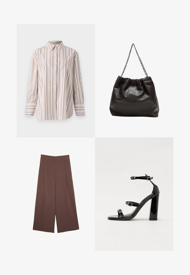 Button-up shirt in cream with vertical stripes in red and navy. Features a chest pocket, standard collar, and long sleeves with cuffs.; Brown wide-leg trousers with a smooth texture, featuring a high waist and front pleats. The fabric is lightweight and flows loosely.; Black patent heeled sandals with a square toe, ankle straps, and silver buckles. Features a chunky block heel for stability.; Brown leather bag with a gathered top and a chain strap. Smooth texture with a glossy finish and subtle seam detailing on the sides.