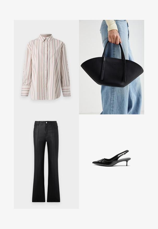Button-up skjorte i cremet farve med lodrette striber i rød og marineblå. Har en brystlomme, standard krave og lange ærmer med manchetter.; Sorte flagrende bukser lavet af glat syntetisk materiale, med høj talje, forlommer og synlige sømdetaljer langs benene.; Sorte læderslippers med spidse tæer, lille kitten hæl og en dekorativ knude detalje foran. Glat tekstur hele vejen rundt.; Sort læderhåndtaske med en unik vifteform, der har flade håndtag. Overfladen har en pebblelignende tekstur og et minimalistisk design.
