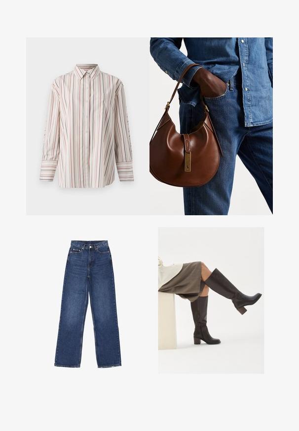 Crèmekleurig overhemden met verticale strepen in rood en marineblauw. Voorzien van een borstzak, standaard kraag en lange mouwen met manchet.; Wijde spijkerbroek in blauwe denim met hoge taille, voorzien van een knoopsluiting, vijf zakken en subtiele vervaging op de stof.; Bruine leren laarzen tot de knie met een vierkante neus, stevige hak en zijrits. Gladde textuur met een gepolijste afwerking.; Bruine leren hobo tas met een rondvorm, voorzien van een gouden hardwareaccent en contrasterende stiksels. Gecombineerd met een denim shirt en jeans.