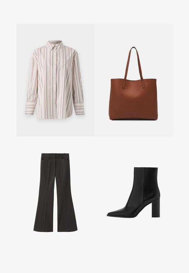 Kerman paita vaalean kerman värissä, jossa on pystysuorat punaiset ja tummansiniset raidat. Varustettu rintataskulla, tavallisella kauluksella ja pitkähihaisilla hihoilla, joissa on kalvosimet.; Mustat vyötäröltä korkealla loistavat housut; niissä on kaksi etutaskua ja sileä kangaspinta. Sopii eri tilaisuuksiin.; Mustat nahkakengät nilkkapituisilla, teräväkärkisillä, neliskanttisine kannallinen, sileä pinta ja ompeluyksityiskohtia saumoissa. Kannan korkeus on noin 3,5 tuumaa.; Ruskea nahkainen olkalaukku, jossa on sileä pinta, avoin yläosa ja kaksi olkahihnaa. Omaavat vain minimaalisen ompelun eikä näkyvää metalliosaa.