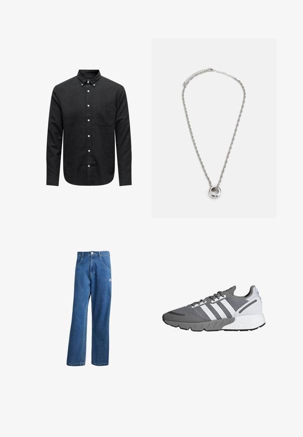 Čierna košeľa na gombíky vyrobená z tkaniny, s výstrihom do špicu, dlhými rukávmi, vreckom na prsiach a bielymi gombíkovými akcentmi.; Modré riflové nohavice s vysokým pásom a širokým strihom, s prednými vreckami, pútkami na opasok, zapínaním na gombík a malým logom Adidas na pravej stehne.; Šedá a biela športová obuv s priedušným zvrškom, tromi bielymi pruhmi, polstrovanou podrážkou a textúrovanou šedou gumovou podrážkou.; Srebrno tónovaný kovový náhrdelník s krúteným reťazcom a okrúhlym príveskom s lesklým povrchom.
