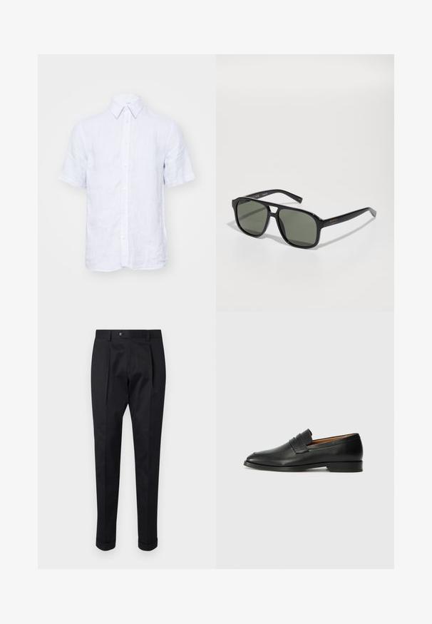 Tiger of Sweden SPENSER - Button down-skjorte - tinted white; Sorte bukser laget av et glatt stoff, med en fold foran, knappelukking, og oppbrettede mansjetter ved ankelen.; Svart skinnloafer med rund tå, subtilt sydd detaljering og lav hæl, med en glatt tekstur og minimalistisk design.; Svarte rektangulære solbriller med grønne linser, blank ramme, metallisk beslag og gulllogo aksent på stangen.