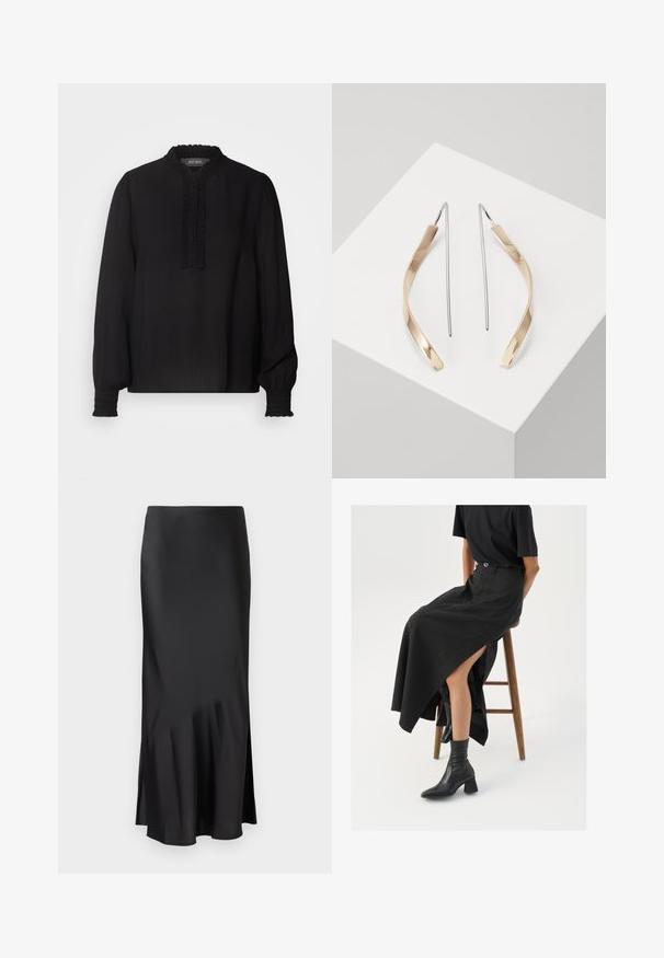 Mos Mosh RETA BLOUSE - Bluse - black; Svart sateng midi skjørt med et stilrent design, som har en lett utflaring fra kanten og glidelåsspalte på siden for bevegelsesfrihet. Glatt tekstur.; Svart lin maxi skjørt med høyt splitt, brukt med en svart t-skjorte og svarte ankelstøvler. Minimalistisk design med avslappet passform.; Gull- og sølvfargede dråpeøredobber med en buet, avlang form. Glansfull overflate med en jevn tekstur og minimalistisk design.