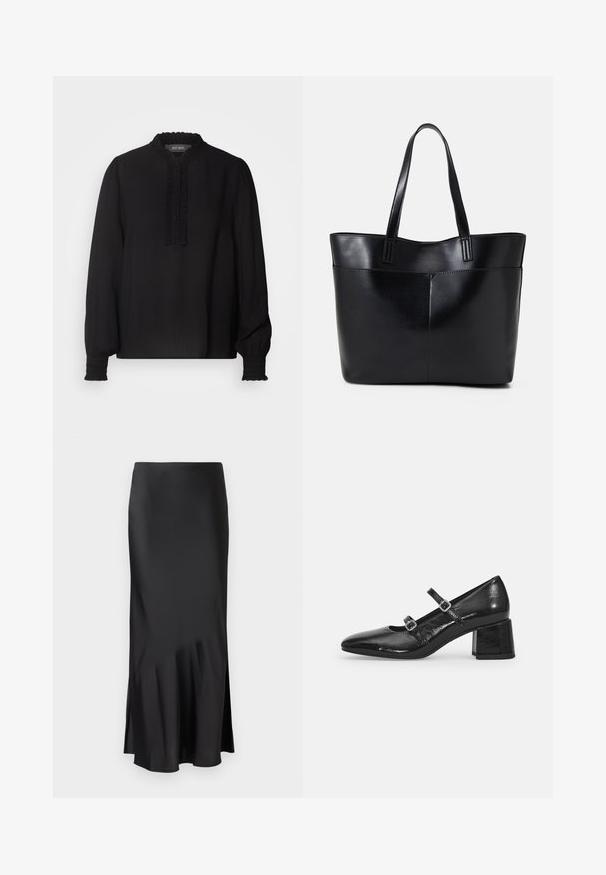 Mos Mosh RETA BLOUSE - Bluse - black; Schwarzer Satin-Midi-Rock mit einem eleganten Design, der am Saum leicht ausgestellt ist und eine seitliche Schlitze für mehr Bewegungsfreiheit bietet. Glatte Textur.; Schwarze Lackleder-Mary-Jane-Schuhe mit spitzem Zeh, zwei verstellbaren Riemen und einem klobigen Blockabsatz. Glatte Textur und glänzende Oberfläche.; Schwarze Leder-Shopper-Tasche mit zwei langen Griffen, einer glatten Textur und einer strukturierten Form. Verfügt über eine Vordertasche für zusätzlichen Stauraum.