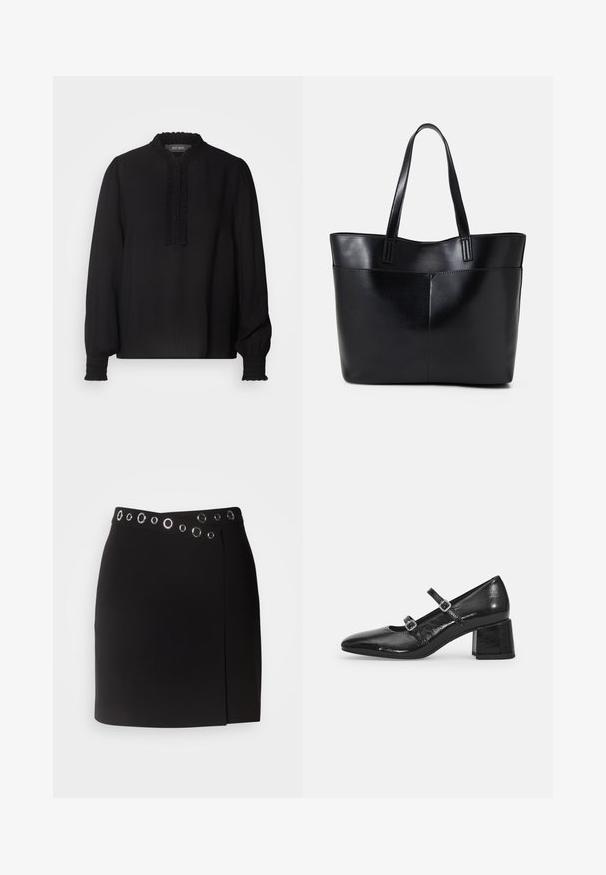Mos Mosh RETA BLOUSE - Camicetta - black; Morgan JILLY - Gonna a portafoglio - noir; Scarpe Mary Jane in pelle patent nera con punta appuntita, due cinturini regolabili e tacco a blocco spesso. Texture liscia e finitura lucida.; Borsa a tracolla in pelle nera con due manici lunghi, una texture liscia e una forma strutturata. Presenta una tasca frontale per ulteriore spazio di archiviazione.