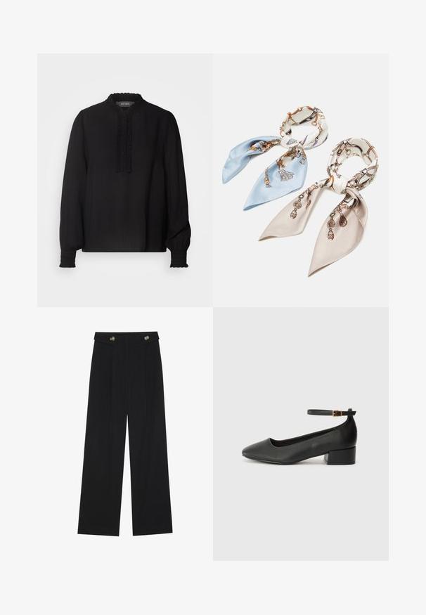 Mos Mosh RETA BLOUSE - Μπλούζα - black; Μαύρο παντελόνι φόρμας σε φαρδιά γραμμή με ψηλή μέση, κουμπιά στη μέση και πλαϊνές τσέπες.; Μαύρο δερμάτινο τακούνι με μυτερή μύτη και χαμηλό τετράγωνο τακούνι. Διαθέτει λουράκι στον αστράγαλο με χρυσό τόνο πόρπη. Λείο υφή.; Anna Field 2 PACK - Φουλάρι - blue/pink