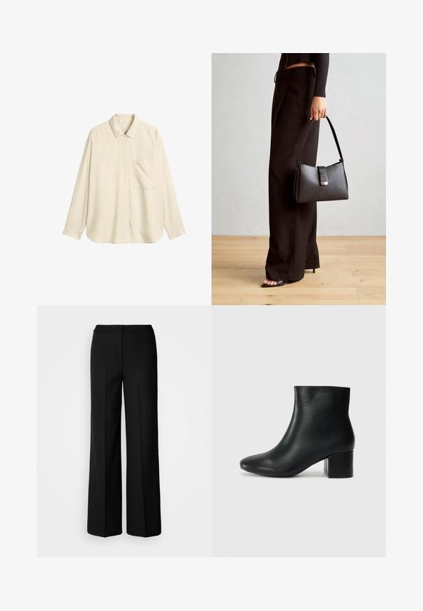 Beige Langarmhemd mit Knopfleiste, Brusttasche und klassischem Kragen, aus glattem Stoff gefertigt.; Schwarze weit geschnittene Hosen aus glattem Stoff mit hoher Taille, taillierten Nähten und minimalistischer Gestaltung. Keine sichtbaren Beschläge oder Taschen.; Schwarze Leder-Ankle-Boots mit spitzem Zehenbereich und klobigem Absatz. Glatte Textur mit minimalen Akzenten und einem eleganten, taillierten Design.; Schwarze Handtasche mit strukturierter Form, glatter Textur und einem metallischen Verschluss. Kombiniert mit weiten schwarzen Hosen und offenen Sandalen auf einem Holzboden.
