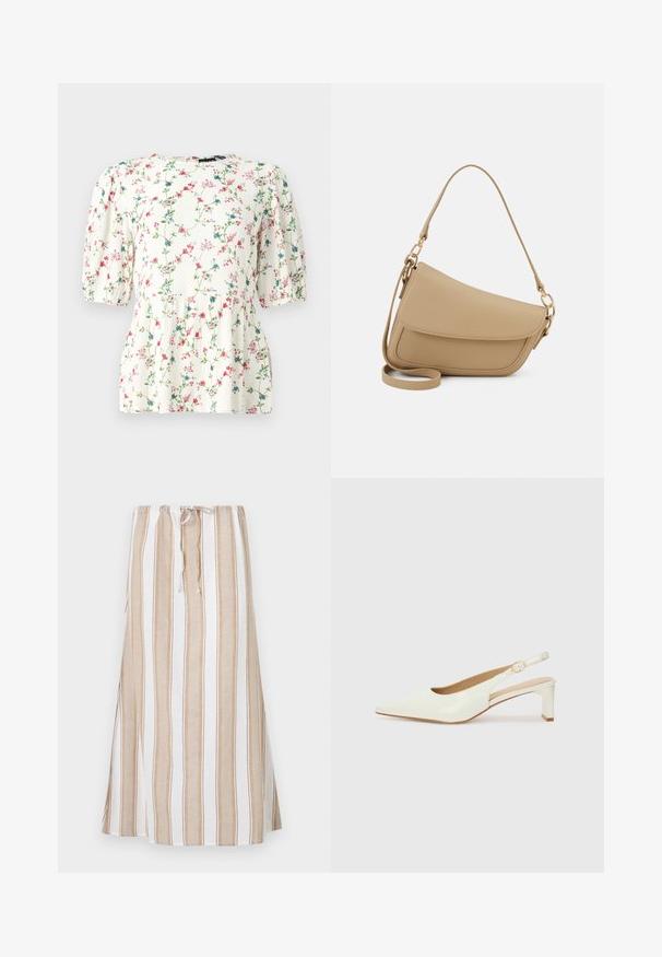 Fehér blúz színes virágmintával, rövid puffos ujjakkal és laza fazonnal. Könnyű, texturált anyagból készült.; Csíkos szoknya fehér és világosbarna színekben, húzózsinóros derékkal és hosszú, bájos ráncolással. Könnyű anyagból készült, laza szabással.; Fehér lakkbőr slingback cipő, hegyes orral és alacsony blokk sarkal. Finom pánttal rendelkezik, arany színű csattal.; Even&Odd Kézitáska - beige