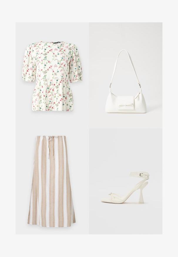 Balta bluzelė su spalvingu gėlių raštu, trumpomis pūstomis rankovėmis ir laisvu siluetu. Pagaminta iš lengvos, tekstūruotos medžiagos.; Dryžuota sijonas balta ir šviesiai ruda, su raukšlėja juosmeniu ir ilga, laisvai krentanti forma. Pagaminta iš lengvos medžiagos, su laisvu iškirpimu.; Baltos odinės aukštakulnės sandalai su dirželiais, elegantiško dizaino, skaidriu blokiniu kulnu ir dekoratyviu elementu ant piršto.; Balta sintetinė rankinė trikampio formos, plokščiu priekiu su užsegimu, kaspino detale, reguliuojama dirželiu, lygia tekstūra ir minimalistišku dizainu.
