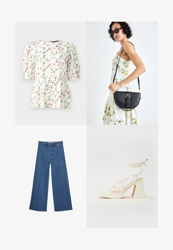 Bela bluza s pisanjem pisanih cvetov, kratkimi napihnimi rokavi in ohlapnim krojem. Narejena iz lahke, teksturirane tkanine.; Jeans širokih nogavic v srednji modri barvi, z visokim pasom, gumbom in kontrastnimi navpičnimi šivi spredaj.; Bela sandala na visokih petah s debelim petam, ki ima obliko trakcev in vezanje okoli gležnja. Gladka tekstura z platformo spredaj za dodatno višino.; Črna usnjena torbica s ukrivljeno obliko, z odstranljivo naramnico in zlatimi dodatki. Torbica ima pokrov s podrobnostmi v obliki zaponke.