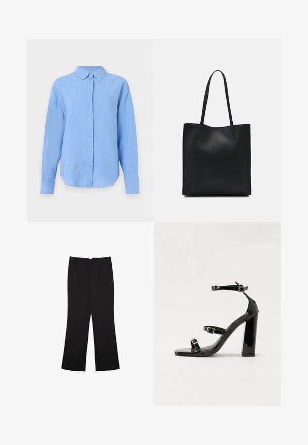 Sveta modra srajca na gumb, izdelana iz teksturirane tkanine, z ostro ovratnikom, dolgimi rokavi in ravnim robom.; Črne hlače ravnega kroja z naglavnimi žepi in stranskimi razporki na robu. Narejene iz mehke, gladke tkanine. Primerne za različne priložnosti.; Črne lakirane sandale s peto, kvadratnim prstom, trakovi okrog gležnja in srebrnimi zaponkami. Opremljene so s stabilno Debelo peto.; Črna usnjena torba s svilnato teksturo, pravokotne oblike in dvema dolgima ročajema. Brez vidnih metalnih delov ali okrasnih elementov.