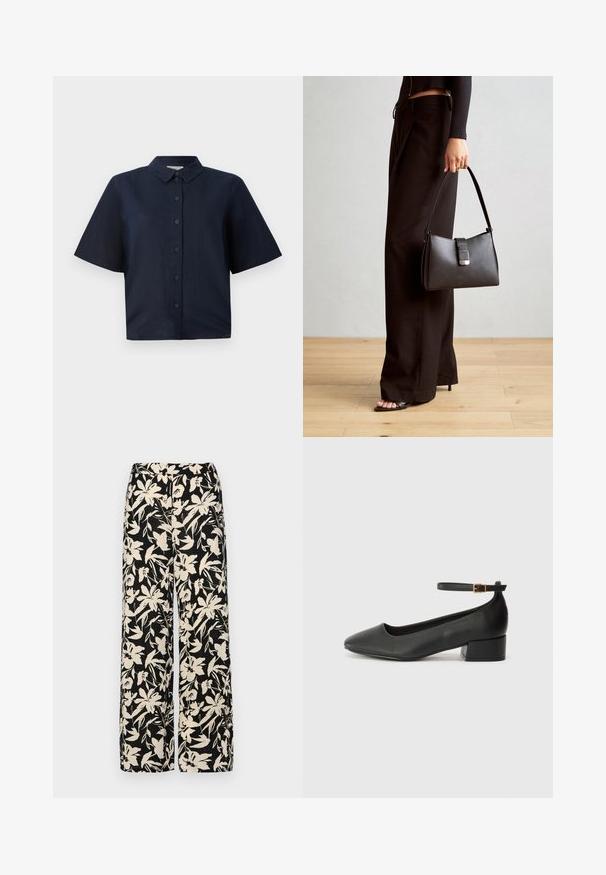 Dark blue short-sleeve shirt made of lightweight fabric, featuring a button-up front and a classic point collar.; Black short-sleeve top made of smooth material, featuring a peplum design and a belted waist with two round, silver-tone buttons.; Black wide-leg pants with a cream floral pattern. Made of lightweight fabric, featuring a smooth texture and a high waistband.; Black leather pump with a pointed toe and a low block heel. Features an ankle strap with a gold-tone buckle. Smooth texture.; Black handbag with structured shape, smooth texture, and a metallic clasp. Paired with wide black pants and open-toe sandals on wooden floor.