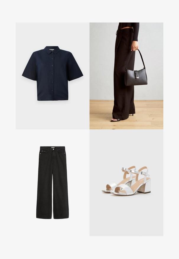 Tamsiai mėlyna trumpomis rankovėmis marškinėliai, pagaminti iš lengvos medžiagos, su mygtukų užsegimu priekyje ir klasikinėmis taškinių apykaklėmis.; Platus juodas džinsinis kelnes su aukštu juosmeniu. Yra penkios kišenės, metalinės detalės ir švarus apdaila. Paviršius yra lygus ir švelnus.; Sidabrinės aukštakulnės šlepetės su atviromis pirštinėmis, turinčios dvi plačias juostas ir suapvalintą bloko kulną. Lygus paviršius su metalizuotu apdaila.; Juodas rankinė struktūrizuota forma, lygi tekstūra ir metalinis užsegimas. Suporuota su plačiomis juodomis kelnėmis ir atvirais bateliais ant medinių grindų.