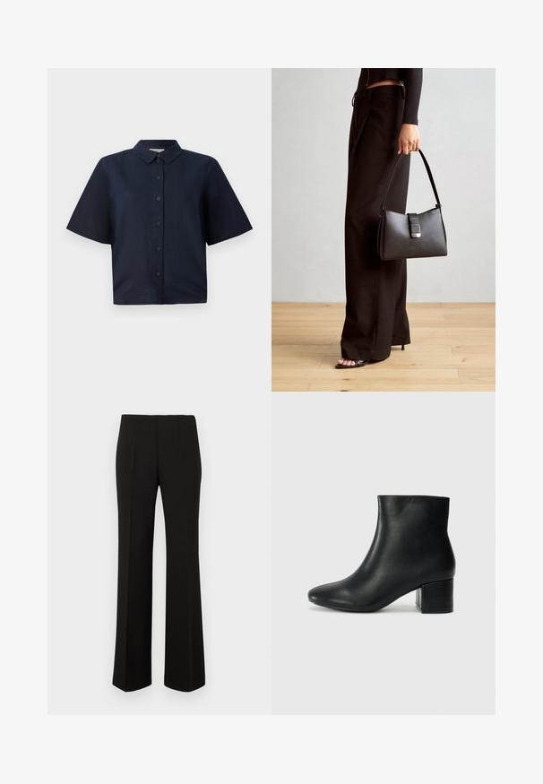 Tamsiai mėlyna trumpomis rankovėmis marškinėliai, pagaminti iš lengvos medžiagos, su mygtukų užsegimu priekyje ir klasikinėmis taškinių apykaklėmis.; Juodos pritaikytos tiesaus silueto kelnės su aukšta juosmens linija ir priekinėmis raukšlėmis, pateiktos prieš paprastą foną.; Juodos odinės aulinės botai su smailiu priekiniu pirštu ir storu kulnu. Lygus tekstūra su minimaliomis detalėmis ir elegantišku, tvirtai priglundančiu dizainu.; Juodas rankinė struktūrizuota forma, lygi tekstūra ir metalinis užsegimas. Suporuota su plačiomis juodomis kelnėmis ir atvirais bateliais ant medinių grindų.