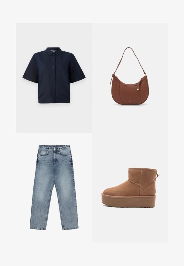 Dark blue short-sleeve shirt made of lightweight fabric, featuring a button-up front and a classic point collar.; Light blue denim jeans with a straight leg cut, visible stitching, five pocket design, and a button closure at the waist.; Tan suede ankle boot with a platform sole, rounded toe, and stitching accents; features a pull tab at the back for easy wear.; Brown faux leather shoulder bag with curved shape, minimal stitching, and a gold-tone hardware accent. Features a top zipper closure and adjustable strap.