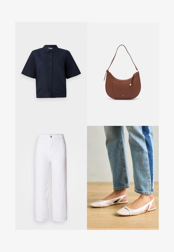 Tamsiai mėlyna trumpomis rankovėmis marškinėliai, pagaminti iš lengvos medžiagos, su mygtukų užsegimu priekyje ir klasikinėmis taškinių apykaklėmis.; Balties džinsai su plačiomis kojomis, su mygtuko uždarymu, diržo kilpomis, dviem priekiniams kišenėms ir viena nugarine kišene. Patvari ir tekstūruota medžiaga.; Šviesiai rožiniai slingback baleto bateliai su smailiu pirštu, pagaminti iš lygios odai panašios medžiagos. Yra išpjovimų detalės šonuose ir plokščias kulnas.; Ruda dirbtinės odos petinė piniginė su kreiva forma, minimalia siuvimo linija ir auksinės spalvos įranga. Yra užtrauktuko uždarymas viršuje ir reguliuojama petneša.