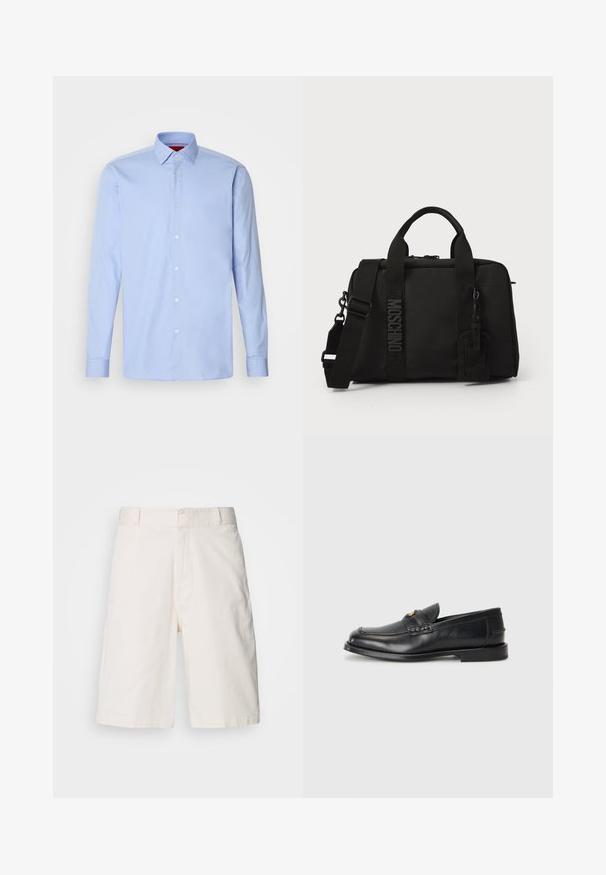 Camicia a maniche lunghe azzurro chiaro in cotone, con colletto classico e chiusura frontale con bottoni bianchi. Texture liscia.; Shorts bianchi in cotone con vestibilità comoda, dotati di due tasche frontali, apertura con zip e una texture liscia. Design pulito e semplice senza motivi.; Mocassini in pelle nera con punta rotonda, dettagli cuciti e una piccola accentuazione dorata sul davanti. La suola è piatta e discreta.; Borsa di tessuto nera con doppio manico e tracolla removibile. Presenta un logo in rilievo e un'etichetta in pelle. Texture liscia, forma rettangolare.