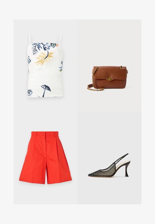 Fehér pánt nélküli felső, amely finom spagetti pántokkal rendelkezik, színes virágos és trópusi mintával, kék, sárga, rózsaszín és zöld színekben.; Piros pamut rövidnadrág magas derékkal, redőzött és széles szabású siluettel. Simább textúra és letisztult vonalak. Nincs zseb vagy díszítés.; Fekete pántos, magas sarkú cipő, hegyes orral, hálós részletezéssel és sima bőrből készült sapkával. Színek: fekete és bézs részletek.; Barna bőr keresztpántos táska hajtószorítással, arany színű fémrészekkel és lánc pánttal. Simább textúra, téglalap alakú, minimális díszítéssel.