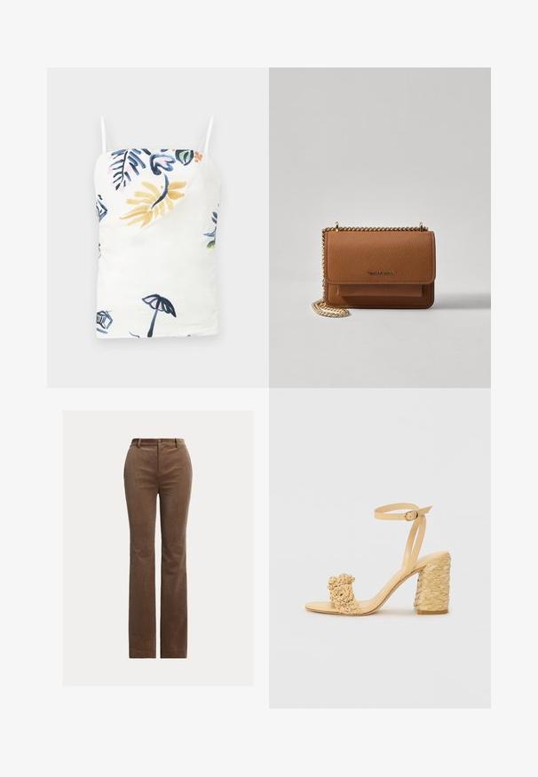 White camisole with delicate spaghetti straps, featuring a colorful floral and tropical print in blue, yellow, pink, and green.; Brown corduroy trousers with a straight-leg design, featuring belt loops, front pockets, and subtle vertical ribbing for texture.; Beige high-heeled sandal with a braided texture, featuring a decorative flower and ankle strap. Square-shaped heel adds stability.; Brown textured leather crossbody bag with gold chain strap and flap closure. Front features logo detail and a pocket under the flap.