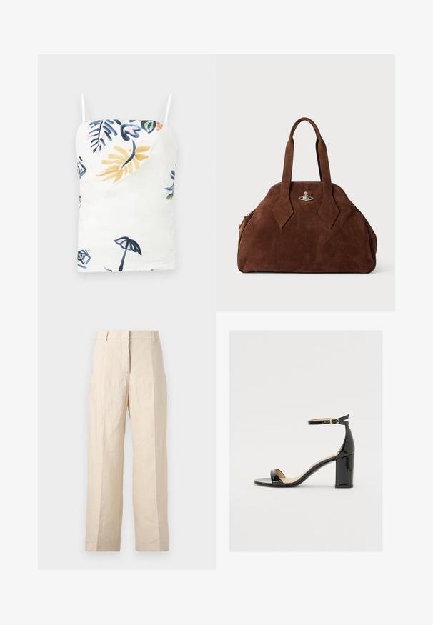 Weißes Top mit zarten Spaghettiträgern, das mit einem farbenfrohen Blumen- und tropischen Druck in Blau, Gelb, Pink und Grün versehen ist.; Beige Leinenhosen mit einer lockeren Passform, gefältelter Vorderseite und geraden Beinen. Besitzt einen Bund mit Gürtelschlaufen und keine sichtbaren Taschen.; Schwarze Lackleder-Sandalette mit weitem Absatz, offener Zehenpartie und Knöchelriemen mit goldener Schnalle. Glatte Textur und elegantes Design.; Braune Wildleder-Handtasche mit strukturiertem Design, abgerundeter Form und länglichen, diamantförmigen Griffen. Mit einem silbernen Metallverschluss ausgestattet.