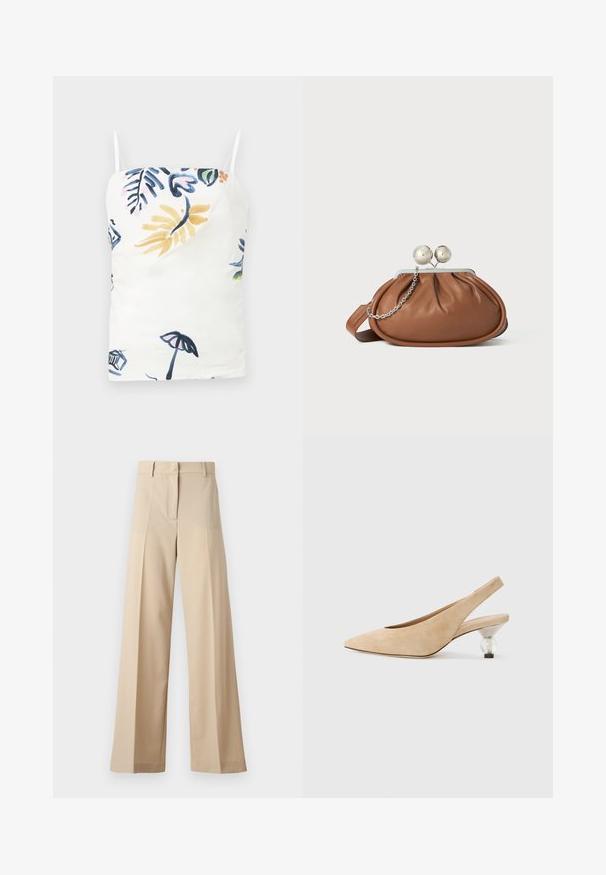 Camiseta blanca sin mangas con delicadas tirantes de espagueti, que presenta un colorido estampado floral y tropical en azul, amarillo, rosa y verde.; Pantalones de pierna ancha en beige, fabricados en un tejido suave, con un frente plano con pliegues, cremallera y presillas para cinturón. Ajuste entallado en general.; Zapato tipo slingback de ante beige con punta afilada y tacón redondeado transparente. Textura suave y diseño minimalista.; Bolso de mano de cuero marrón con cierre de bola plateada y un pequeño detalle de cadena plateada sobre un fondo blanco.