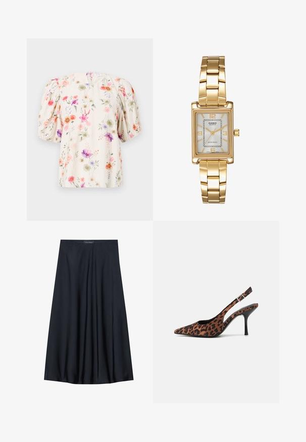 Květinová blůza s nadýchanými rukávy, s krémovým pozadím a barevnými květinovými vzory v odstínech růžové, fialové a zelené.; Černá sukně ke kolenům vyrobená z lehké tkaniny s volným designem. Má hladký povrch a jemné sklady pro přidaný detail.; Lodičky na vysokém podpatku se zvířecím potiskem, s špičatou špičkou, černým lesklým podpatkem a nastavitelným páskem kolem kotníku. Měkký materiál se strukturovaným povrchem.; Zlatý obdélníkový náramkový hodin s bílým ciferníkem, stříbrnými indexy a odolným kovovým náramkem. Obsahuje voděodolnou funkci.