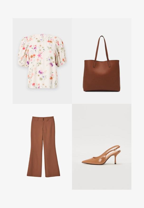 Blommig blus med puffärmar, med en krämfärgad bakgrund och färgglada blommönster i nyanser av rosa, lila och grönt.; Bruna, utställda byxor gjorda av mjukt tyg. Innehåller två framknappar och har en slät textur utan synliga mönster eller dekorationer.; Tåspets slingback-häl i ett slätt, glansigt brunt material. Har en kurvad utskärning och en smal stilettklack. Silverdetalj med spänne.; Brun läder tote-väska med en slät textur, öppen toppdesign och två axelremmar. Har minimal söm och ingen synlig metalldetalj.