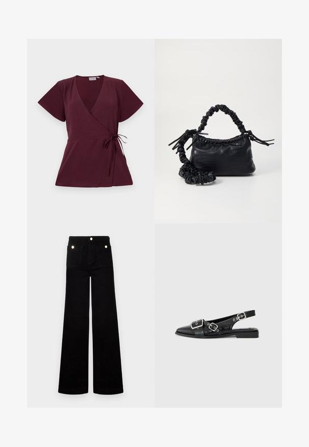 Burgundin värinen kietaisupaita lyhyillä hihoilla, V-pääntie, solmuseikka vyötäröllä ja teksturoitu kangas. Yksinkertainen ja monikäyttöinen muotoilu.; Mustat leveälahkeiset farkut, jotka on valmistettu denimestä, korkea vyötärö, kaksi etutaskua ja kultasävyiset yksityiskohdat. Sileä pinta, leveä lahkeiden muotoilu.; Mustat nahkasandaalit, joissa on terävä kärki, kaksi hopeista solkea ja matala lohko korko. Ominaisuuksiin kuuluu teksturoitu päällinen ja avoin takapuoli.; Must-have mustekahvi nahkalaukku krokotiiliaistalla, kiristetty yläosa ja rypistetty hihna. Näyttää pehmeältä ja kompaktilta muotoilultaan.