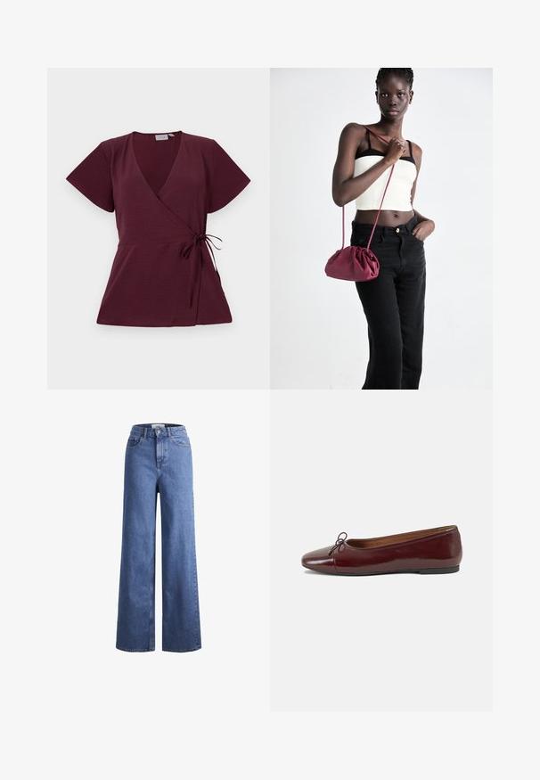 Burgunder fôret topp med korte ermer, v-hals, bånddetalj i midjen, og teksturert stoff. Enkel og allsidig design.; Lyseblå denim vide benbukser med høy midje, to frontlommer og synlig søm. Har knapp- og glidelås-lukking.; Burgunderrød lakk lær ballettleilighet med rund tå, liten sløyfe foran og en lav, svart gummisåle. Glatt tekstur.; Burgunderfarget myk stoffhåndveske med en samlet design og en lang stropp, båret som en crossover. Modellen har på seg en hvit crop-top og svarte jeans.