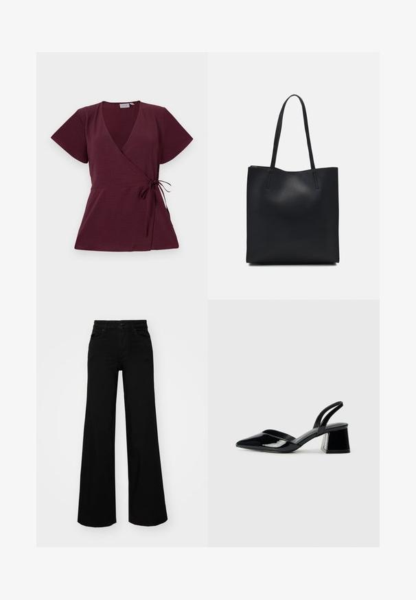 Top avvolgente bordeaux con maniche corte, scollo a V, dettaglio legato in vita e tessuto testurizzato. Design semplice e versatile.; Pantaloni neri a gamba larga in denim, con una vita strutturata, passanti per la cintura e tasche frontali. Texture liscia con un design classico.; Décolleté in vernice nera con punta affusolata e tacco in geometria cubica. Presentano un design elegante e minimalista, con una texture liscia.; Borsa tote in pelle nera con texture liscia, forma rettangolare e due manici lunghi. Nessun hardware o decorazione visibile.