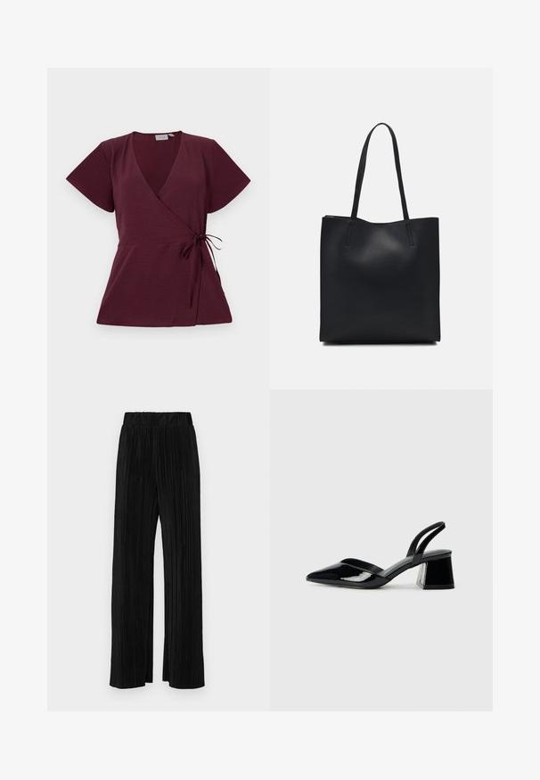 Top de burgundy com mangas curtas, decote em V, detalhe de laço na cintura e tecido texturizado. Design simples e versátil.; Calças pregueadas pretas com uma cintura elástica. Apresentam pernas largas e um tecido liso, texturizado com riscas verticais.; Sandy em verniz preto com salto slingback, ponta afilada e salto geométrico. Apresenta um design elegante e minimalista com textura suave.; Bolsa tote preta em couro com textura lisa, forma retangular e duas alças longas. Sem hardware ou enfeites visíveis.