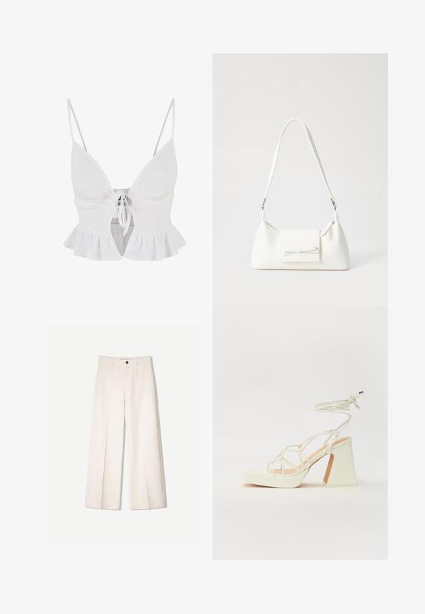 Hvid ribbet crop top med justerbare spaghetti-stropper, frontlukning med bånd og rynket kantdetalje. Blød tekstur og tætsiddende design.; Cremefarvede bukser med bred benvidde og skræddersyet design, der har to forlommer og en enkelt frontknaplukning, lavet af et glat stof.; Hvide højhælede sandaler med en kraftig hæl, der har et stropdesign og ankelbinding. Glat tekstur med en platform foran for ekstra højde.; Hvid syntetisk håndtaske med en trekantet form, flad forsideklap og sløjfedetalje, justerbar strop, glat tekstur og minimalistisk design.