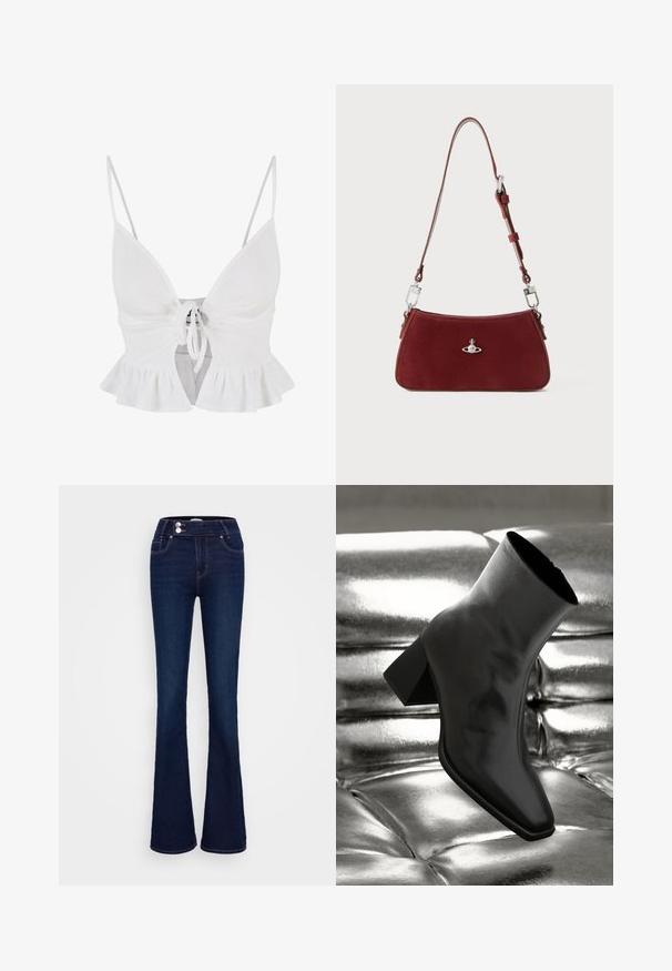 Top scurt alb cu dungi, cu bretele ajustabile, închidere frontală cu șnur și detalii cu volănaș. Textură moale și design ajustat.; Jeanși evazați de culoare albastru închis, cu talie înaltă, două buzunare frontale și două închideri cu nasturi. Fabricati din denim cu o textura netedă.; Cizme negre până la gleznă, realizate dintr-un material lucios, cu vârf pătrat și toc conic, plasate pe un fundal strălucitor de argint, cu un model tuftat.; Geantă de umăr din suede roșu, cu o formă curbată. Are un accent de ton argintiu și o curea ajustabilă cu detalii din metal. Textură netedă.