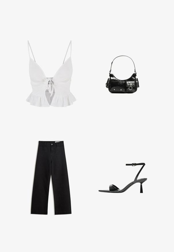 Bijela rebrasta crop majica s podesivim tankim trakama, prednjim vezanjem i detaljem od nabranog ruba. Meka tekstura i prilagodljiv dizajn.; Crne široke traperice s visokim strukom, s prednjim i stražnjim džepovima, šivenim šavovima i kopčanjem na gumb. Glatka tekstura.; Bershka Sandale s visokom petom - black; Crna patentna kožna torba s zakrivljenim oblikom, jednim remenom za rame, prednjim džepovima i akcentima od srebrnog tona.