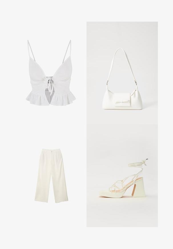 Bílé žebrované crop top s nastavitelnými ramínky, předním zavazováním a volánkovým lemem. Měkká textura a fitted design.; Široké kalhoty z krémové látky s hladkým povrchem, s jediným předním knoflíkem, jemnými skladbami a vysokým pasem.; Bílé sandály na vysokém podpatku s robustním podpatkem, s designem s pásky a zavazováním kolem kotníku. Hladký povrch s platformou vpředu pro zvýšení výšky.; Bílá syntetická kabelka v trojúhelníkovém tvaru, s plochým předním klopným víkem a detailem mašle, nastavitelným popruhem, hladkým povrchem a minimalistickým designem.