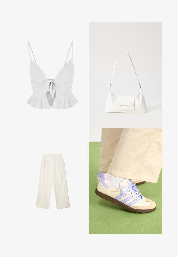 Hvid ribbet crop top med justerbare spaghetti-stropper, frontlukning med bånd og rynket kantdetalje. Blød tekstur og tætsiddende design.; Bredde bukser i cremefarvet stof med en glat tekstur, der har en enkelt knap foran, diskrete folder og design med høj talje.; Creme og lavendel sneakers med tre striber og en tekstureret brun sål, der har snørebånd og en polstret hæl. Blødt stof øvre.; Hvid syntetisk håndtaske med en trekantet form, flad forsideklap og sløjfedetalje, justerbar strop, glat tekstur og minimalistisk design.