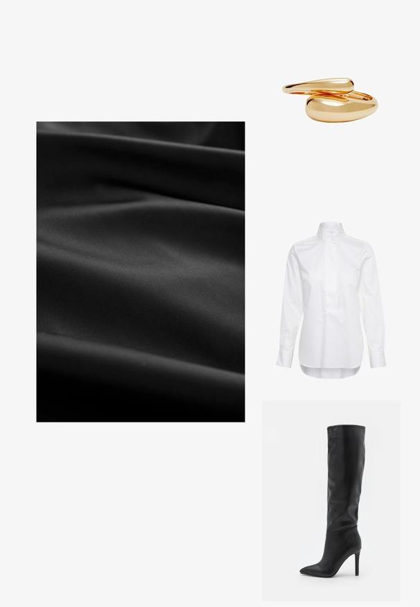Bijela košulja dugih rukava od pamuka. Ima visoki ovratnik, dugmad na prednjoj strani i malo dužu stražnju stranu. Glatka tekstura.; Crna tkanina glatke teksture, s diskretnim naborima i borama. Površina je matirana, bez vidljivih uzoraka ili naglasaka.; RAID TALISHA - Čizme - black; Prstenovi u zlatnoj boji s glatkim, zaobljenim oblicima koji se isprepliću. Visoko sjajni finiš s reflektirajućom površinom koja prikazuje besprijekoran dizajn.