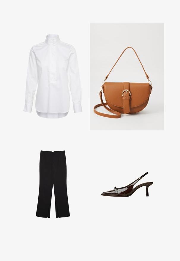 Hvid langærmet skjorte lavet af bomuld. Har en høj krave, knaplukning og en lidt længere bagkanten. Glat tekstur.; Sorte bukser med lige pasform, der har frontlommer og slidser i kanten. Lavet af blødt, glat stof. Velegnet til forskellige anledninger.; Brun patentlæder slingback sko med spids tå, lav hæl og en dekorativ sløjfe foran. Glat, skinnende tekstur.; Brun læder crossbody taske med en buet form, guldfarvet hardware og en spændeaccent. Har en aftagelig skulderrem.