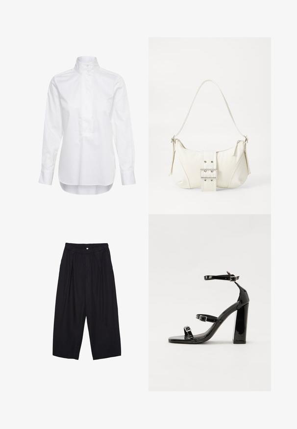 Camicia bianca a maniche lunghe in cotone. Presenta un colletto alto, una chiusura con bottoni e un orlo posteriore leggermente più lungo. Texture liscia.; Pantaloni culotte neri in poliestere con una cintura elastica, due pieghe frontali e una silhouette ampia. Nessun motivo visibile o dettagli in metallo.; Sandali con tacco in vernice nera, con punta squadrata, cinturini alla caviglia e fibbie in argento. Presentano un tacco a blocco spesso per maggiore stabilità.; Borsa a spalla bianca con una finitura testurizzata, un accentuato fermaglio centrale e una forma curva. Chiusure a cerniera su entrambi i lati.