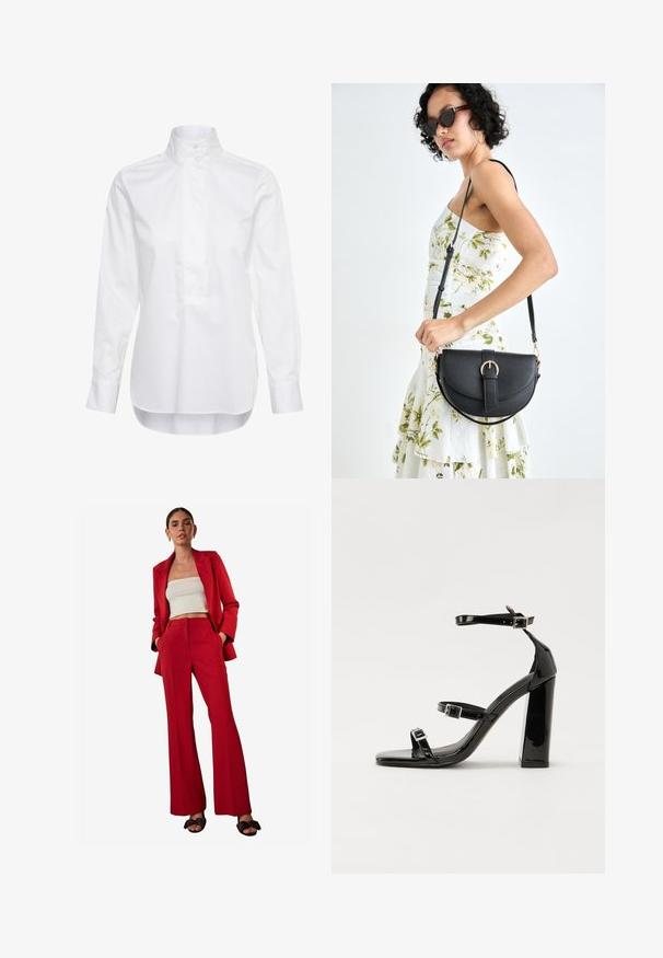 Baltas garām piedurknēm krekls, kas izgatavots no kokvilnas. Tam ir augsts apkakles izmērs, pogu apdare un nedaudz garāks aizmugurējais mala. Gluda tekstūra.; Sarkans piegriezts žakete un atbilstošas izpletuma bikses, savienotas ar baltu īsu topiņu. Gluds audums ar strukturētu dizainu, ar sānu kabatām.; Melnas lakotas augstpapēžu čības ar kvadrāta purngalu, potīšu siksniņām un sudraba sprādzēm. Aprīkotas ar masīvu bloku papēdi stabilitātei.; Melnas ādas rokassoma ar izliekta formu, noņemamu siksnu un zelta aksesuāriem. Somai ir vāciņš ar sprādzes detaļu.