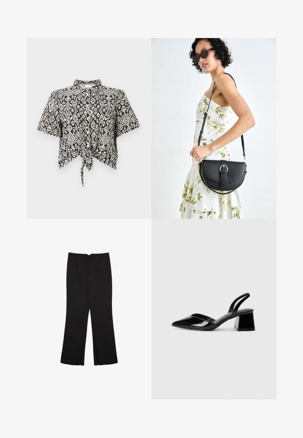 Schwarz-weißer kurzärmeliger Cropped-Top mit einem Rautenmuster und einer Front-Knotendetail. Hergestellt aus leichtem Stoff mit einem Kragen.; Schwarze Hose mit geradem Schnitt, ausgestattet mit Fronttaschen und Seitenschlitzen am Saum. Hergestellt aus weichem, glattem Stoff. Geeignet für verschiedene Anlässe.; Schwarze Lackleder-Slingback-High Heels mit spitzem Schuh und einem geometrischen Blockabsatz. Verfügt über ein schlankes, minimalistisches Design und eine glatte Textur.; Schwarze Lederhandtasche mit geschwungener Form, abnehmbarem Tragegurt und goldenen Beschlägen. Die Tasche verfügt über einen Deckel mit einer Schnallen-Details.