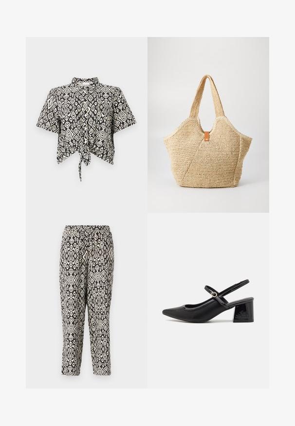 Črno-bela kratka majica s kratkimi rokavi s diamantnim vzorcem in podrobnostmi na sprednjem delu. Narejena iz lahkotnega materiala z ovratnikom.; Hlače z vzorcem v črni in kremni barvi. Imajo elastični pas in ponavljajoči se geometrijski vzorec z diamanti in cvetličnimi motivi.; Črne patentne usnjene salonarce s slingback obliko, s koničastim nosom, zaobljenim izrezom in blok peto. Imajo zlato kovinsko zaponko kot dodatno okrasje.; Velika slamnata torba z zrnato bež zunanjostjo in dvema širokima ročajema. Ima kožno poudarjeno naramnico za zapiranje.