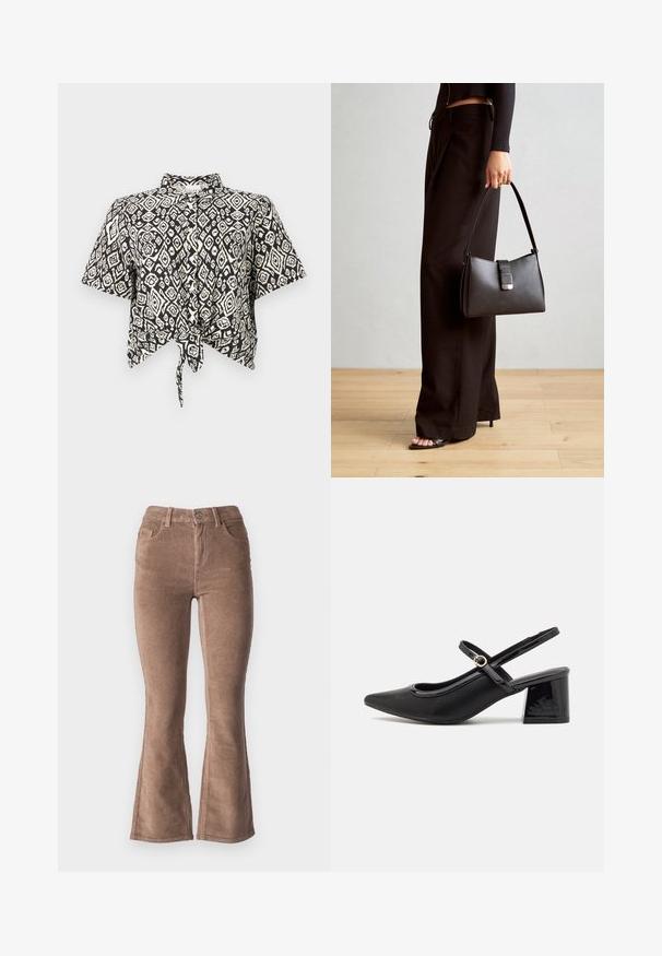 Top scurt cu mânecă scurtă alb-negru, cu un model în romb și detaliu de legare în față. Fabricat dintr-un material ușor, cu guler.; Pantaloni evazați din catifea mare maro, cu o textură în pânză, având talie înaltă, cinci buzunare și închidere cu buton în față.; Cizme cu toc slingback din piele sintetică lacuită neagră, cu vârful ascuțit, un design cu decupaj rotunjit și toc bloc. Include un accent cu cataramă de culoare aurie.; Genți negre cu o formă structurată, textură netedă și un închizător metalic. Asortată cu pantaloni negri largi și sandale cu vârf deschis pe un podea din lemn.