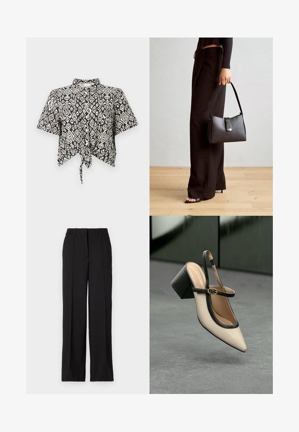 Black and white short-sleeve crop top with a diamond pattern and a front tie detail. Made of lightweight fabric with a collared neckline.; Black trousers with a straight leg design, featuring two front pleats, a waistband, and no visible pockets or embellishments.; Beige pointed-toe slingback shoe with black trim, gold buckle, and a chunky block heel on gray floor with dark green background.; Black handbag with structured shape, smooth texture, and a metallic clasp. Paired with wide black pants and open-toe sandals on wooden floor.