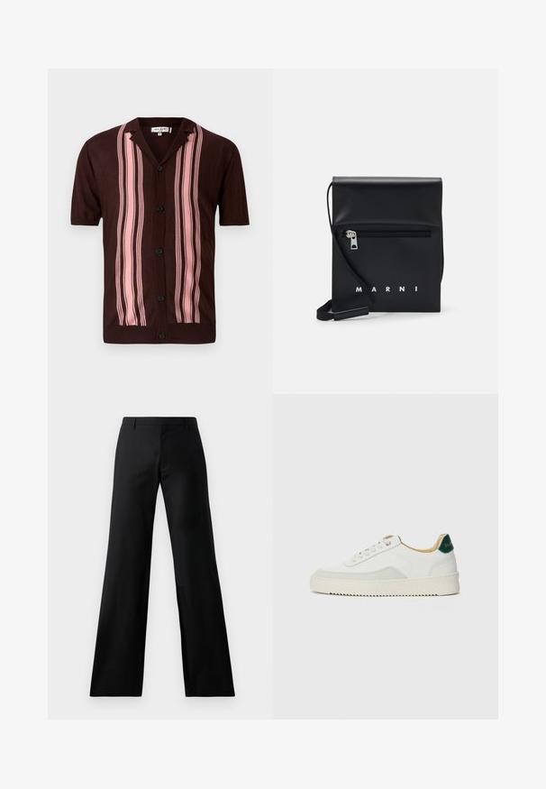 Ruskea lyhythihainen paita, jossa on kaulus, jossa on pystysuoria vaaleanpunaisia raitoja ja mustat napit, valmistettu kevyestä neuloksesta.; Mustat leveälahkeiset housut, jotka on valmistettu sileästä kankaasta. Niissä on keski-korkea vyötärö ja edessä laskokset, jotka tarjoavat räätälöidyn siluetin.; Valkoiset tennarit, joissa on nahkaosia, pyöreä kärki, tasaiset nauhat ja kermaisa kumi-pohja. Takana vihreä brändäys.; Musta nahkainen olkalaukku, jossa on vetoketjullinen etutasku, kohokuvioitu logo ja säädettävä hihna. Sujuva tekstuuri ja jämäkkä muoto.