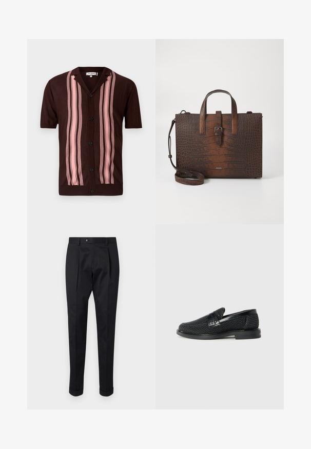 Hnedá košeľa s krátkym rukávom a golierom, s vertikálnymi ružovými pruhmi a čiernymi gombíkmi, vyrobená z ľahkej pleteniny.; Čierne nohavice vyrobené zo hladkej látky, s skladom vpredu, zapínaním na gombík a roľovanými manžetami na členkoch.; Čierne tkané slip-on topánky s hladkým koženým akcentom na vrchnej časti, s okrúlym dizajnom špičky a nízkoprofilovou gumovou podrážkou.; Hnedá kabelka z kože s embosovaným vzorom krokodíla, vybavená hornými držadlami a odnímateľným ramenným popruhom. Má prackové zapínanie a obdĺžnikový tvar.