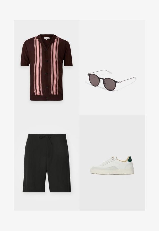 Braunes kurzärmliges Hemd mit Kragen, das vertikale rosa Streifen und schwarze Knöpfe aufweist, aus einem leichten Strickstoff gefertigt.; Schwarze Leinen-Shorts mit elastischem Bund, im entspannten Schnitt und knielanger Ausführung. Sanfte Textur, einfacher und klassischer Stil.; Weiße Sneaker mit Wildlederelementen, runder Zehenpartie, flachen Schnürsenkeln und einer cremefarbenen Gummisohle. Mit grünen Markenlogo am Fersenbereich.; Schwarze runde Sonnenbrille mit dunklen Gläsern und schlanken Metallbügeln. Enthält klare Tempelspitzen und silberne Akzente am Scharnier. Minimalistisches Design.