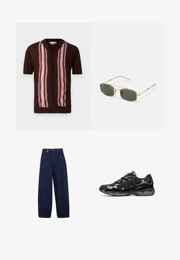 Camicetta marrone a maniche corte con colletto, caratterizzata da strisce verticali rosa e bottoni neri, realizzata in un tessuto knit leggero.; Jeans in denim blu scuro a taglio comodo con vita alta, tasche frontali e design a gamba dritta. Include hardware in tonalità argentata e cuciture minime.; Scarpa sportiva nera con tomaia in mesh e suede, caratterizzata da un design testurizzato e una robusta suola grigia imbottita.; Occhiali da sole in metallo dorato con lenti verdi, caratterizzati da una forma angolare e bracci sottili. Il design presenta una montatura elegante e un branding discreto sulla lente.